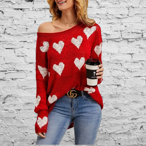 Cute Love Heart Print Oversized Off The Shoulder